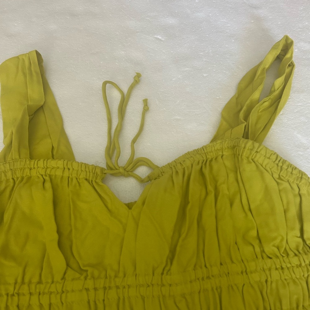 Topshop Channeled mini dress in chartreuse yellow tie front elastic waist - Picture 12 of 13